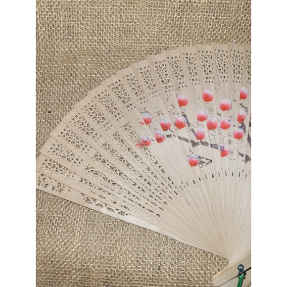 Painted Ornate Wood Hand Fan Tassel Asian Chinese Japanese Style Cherry Blossom - Picture 2 of 8